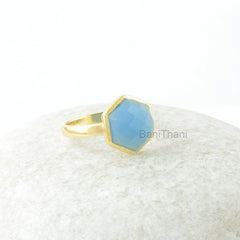 Chalcedony Ring, Sky Blue Chalcedony 10mm Hexagon Checkerboard Cut Gemstone Ring, Gold Plated Ring, Silver Ring, Gift For Women