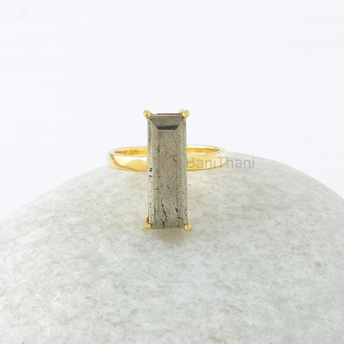 Pyrite Ring - Solid Silver - Handmade Ring - 6x18mm Rectangle - Gold Plated Ring - Trendy Jewelry - Jewelry for Strength - Gift for Sister