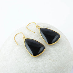 Black Onyx Earrings, Black Onyx 16x24mm Trillion Gemstone Silver Earrings, Dangle Drop Earrings, Gold Plated Earrings, Women Jewelry