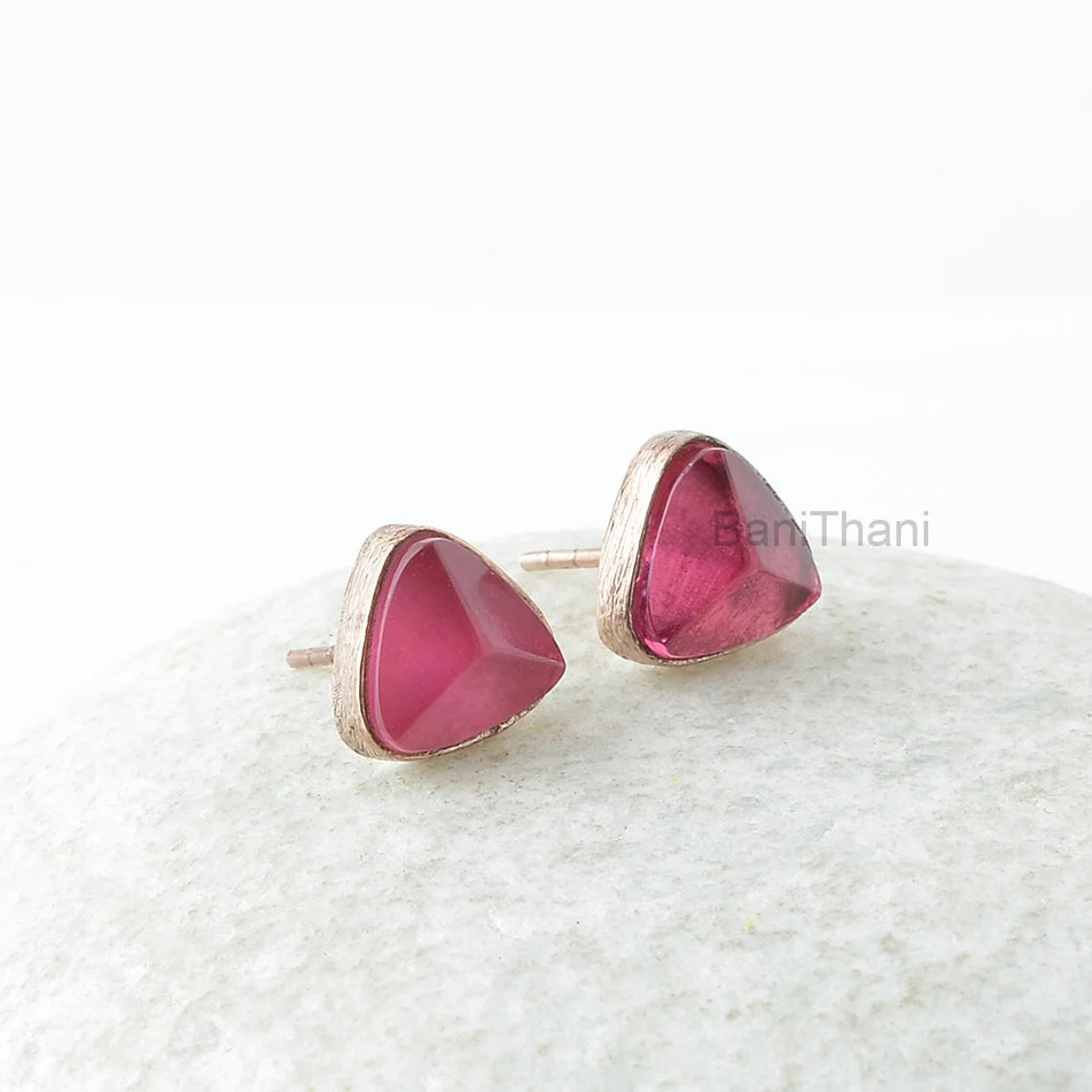 Pink Tourmaline Quartz Stud Earrings, Hot Pink Quartz 10 mm Trillion Gemstone Silver Earrings, Rose Gold Plated Earrings, Stud Earrings