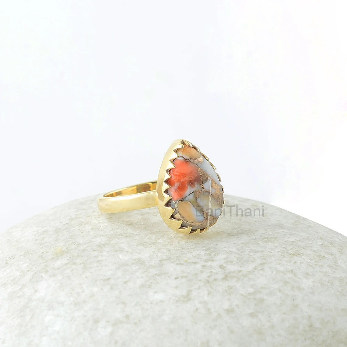 Copper Oyster Pear Gemstone Ring - Zig Zag Bezel Ring - Solid 925 Sterling Silver Gold Plated Boho Ring - Christmas Gift Ring - Gift for Her