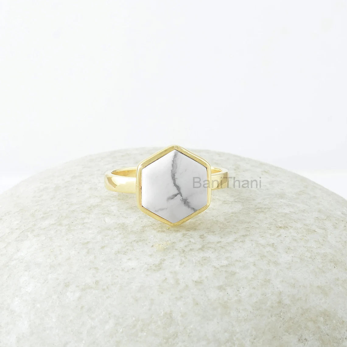 White Howlite Ring, White Howlite 10mm Hexagon Gemstone Ring, 18k Gold Plated Ring, Silver Ring, Gemstone Jewelry, jewelry Gift For Mother