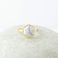White Howlite Ring, White Howlite 10mm Hexagon Gemstone Ring, 18k Gold Plated Ring, Silver Ring, Gemstone Jewelry, jewelry Gift For Mother