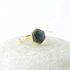 Moss Agate Ring - Gold Plated Ring - 925 Solid Silver - 10mm Hexagon - Gemstone Jewelry - Gift for Her - Jewelry for Lover - Womens Jewelry
