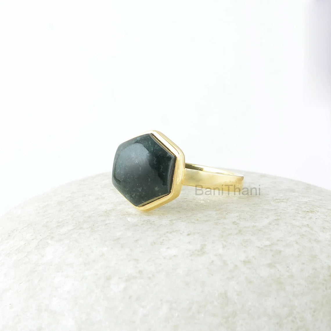 Moss Agate Ring - Gold Plated Ring - 925 Solid Silver - 10mm Hexagon - Gemstone Jewelry - Gift for Her - Jewelry for Lover - Womens Jewelry