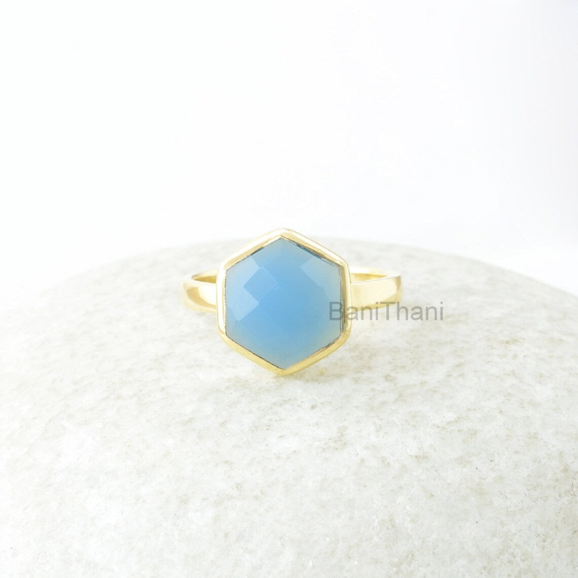 Chalcedony Ring, Sky Blue Chalcedony 10mm Hexagon Checkerboard Cut Gemstone Ring, Gold Plated Ring, Silver Ring, Gift For Women