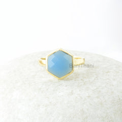 Chalcedony Ring, Sky Blue Chalcedony 10mm Hexagon Checkerboard Cut Gemstone Ring, Gold Plated Ring, Silver Ring, Gift For Women
