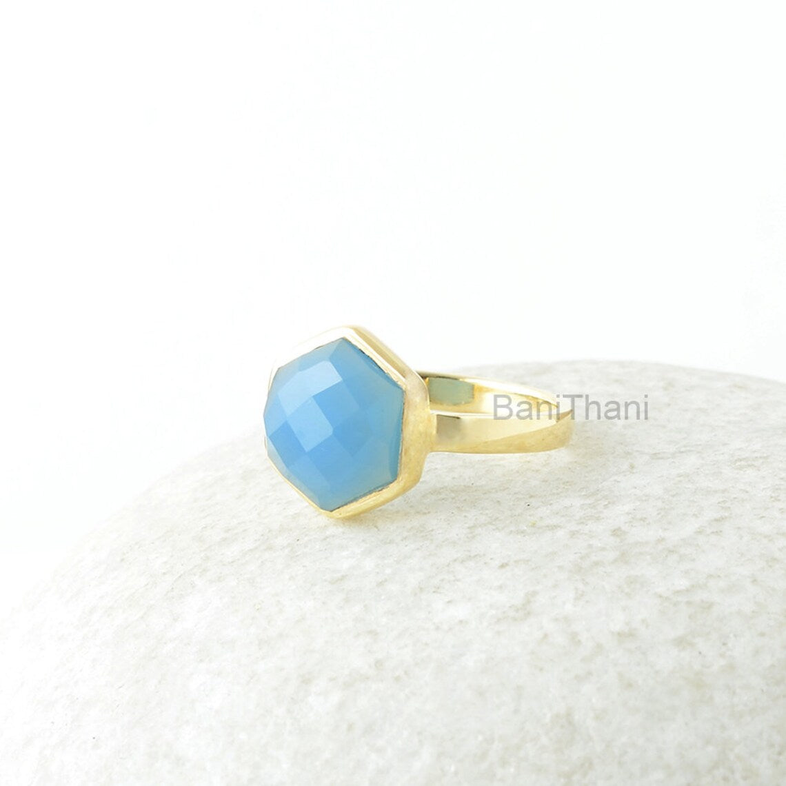 Chalcedony Ring, Sky Blue Chalcedony 10mm Hexagon Checkerboard Cut Gemstone Ring, Gold Plated Ring, Silver Ring, Gift For Women