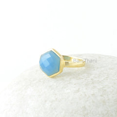 Chalcedony Ring, Sky Blue Chalcedony 10mm Hexagon Checkerboard Cut Gemstone Ring, Gold Plated Ring, Silver Ring, Gift For Women