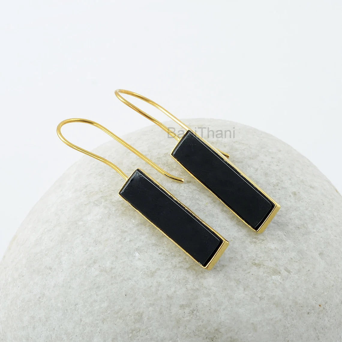 Black Onyx Earrings-Black Onyx 7x30mm Rectangle Gemstone Silver Earrings-Dangle Drop Earrings-Gold Plated Earrings-Women Jewelry