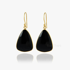 Black Onyx Earrings, Black Onyx 16x24mm Trillion Gemstone Silver Earrings, Dangle Drop Earrings, Gold Plated Earrings, Women Jewelry