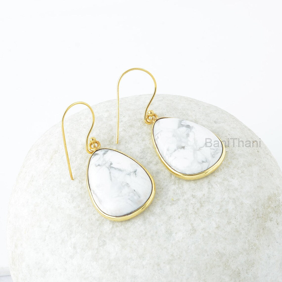 Howlite Earrings, White Howlite 16x24mm Pear Gemstone Sterling Silver Earrings, Dangle Drop Earrings, Gold Plated Earrings, Gift For Mother