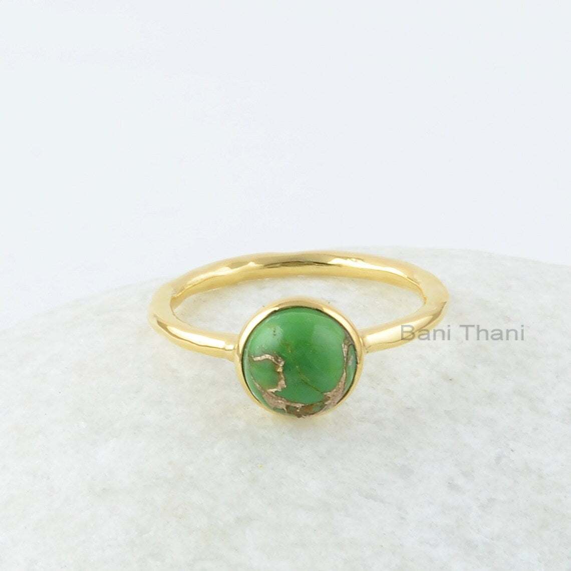 Green Copper Turquoise Gemstone Silver Ring - 18k Gold Plated Birthday Gift For Her - Handmade Bezel Ring - Stacking Ring - Gift for Mother