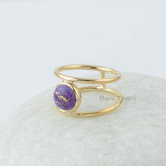 Copper Turquoise Ring, Copper Purple Turquoise 8mm Round Gemstone Ring, 18k Gold Plated Ring, Gemstone Rings, Purple Turquoise Ring
