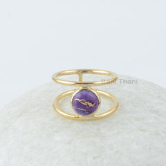 Copper Turquoise Ring, Copper Purple Turquoise 8mm Round Gemstone Ring, 18k Gold Plated Ring, Gemstone Rings, Purple Turquoise Ring