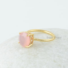 Pink Chalcedony Ring - 10mm Round Gemstone Ring - Prong Set Ring - Gold Plated Ring - 925 Sterling Silver - Ring for Women - Gift for Her