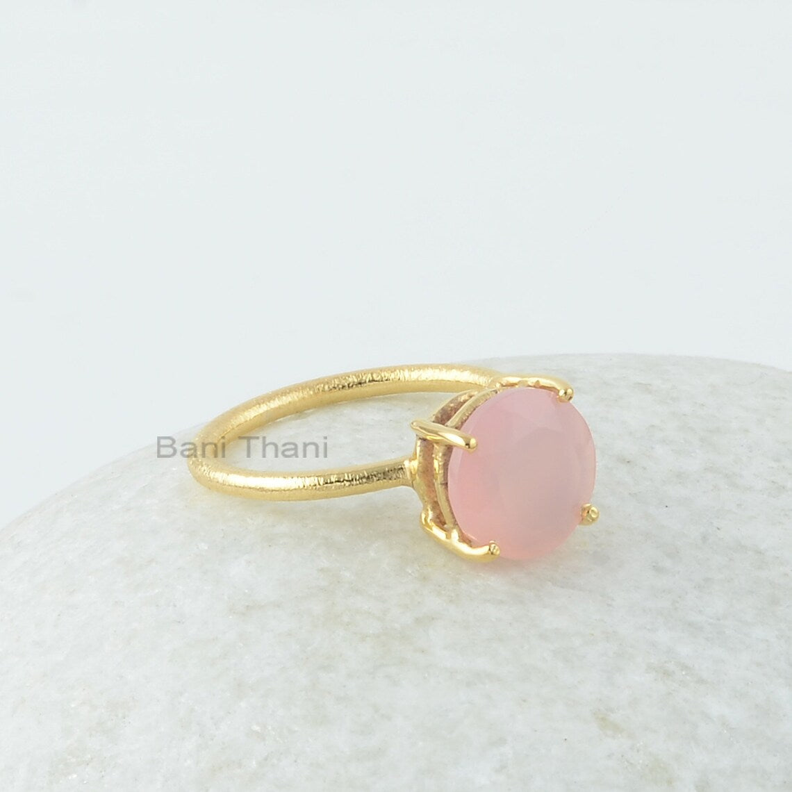 Pink Chalcedony Ring - 10mm Round Gemstone Ring - Prong Set Ring - Gold Plated Ring - 925 Sterling Silver - Ring for Women - Gift for Her