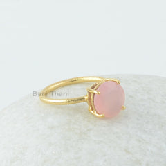 Pink Chalcedony Ring - 10mm Round Gemstone Ring - Prong Set Ring - Gold Plated Ring - 925 Sterling Silver - Ring for Women - Gift for Her