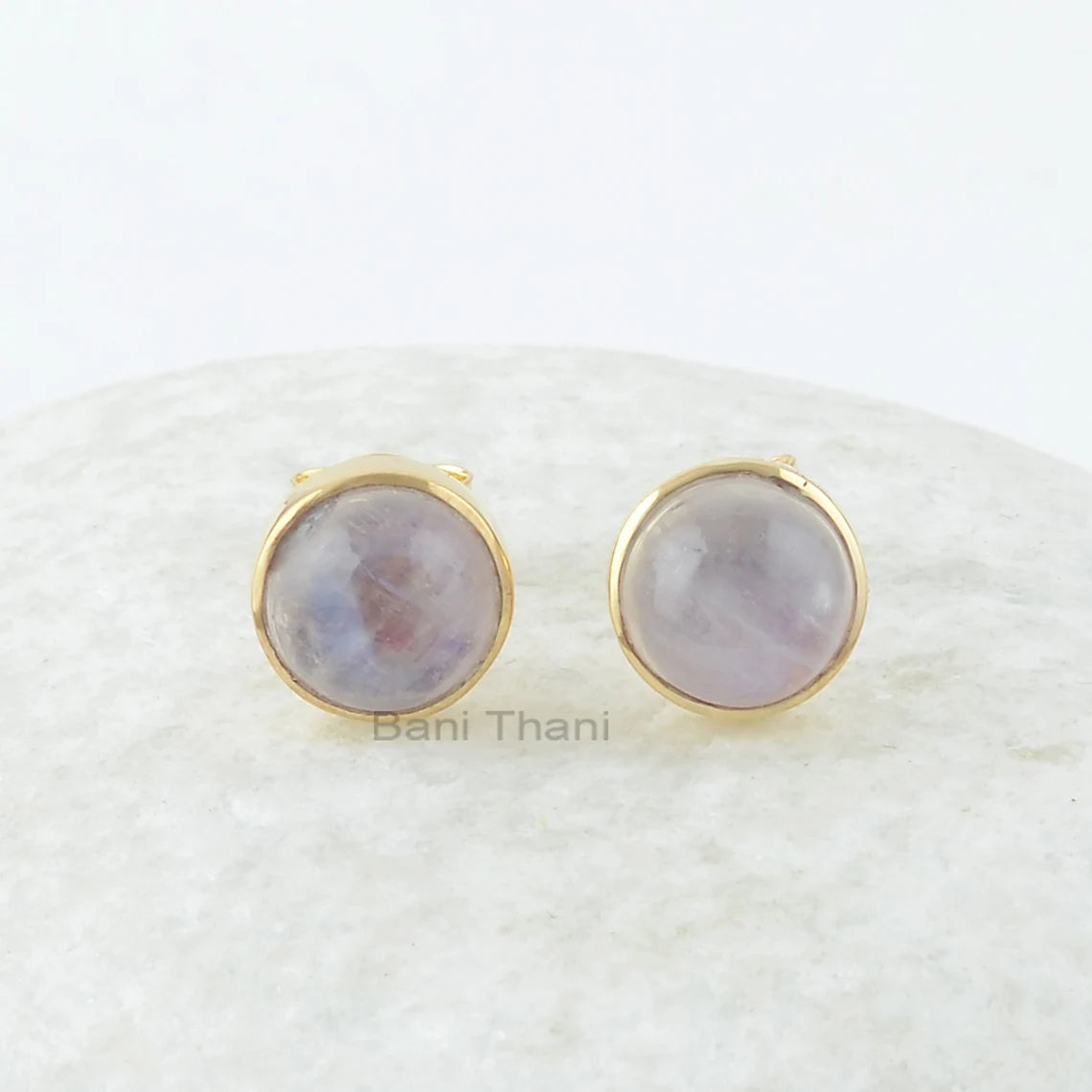 Rainbow Moonstone Stud Earrings, Rainbow Moonstone 8 mm Round Gemstone Earrings, 18k Gold Plated,925 Silver Stud Earrings,Earrings For Women