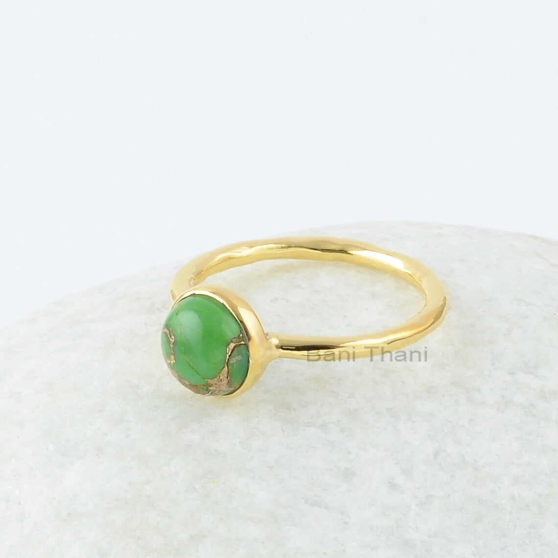Green Copper Turquoise Gemstone Silver Ring - 18k Gold Plated Birthday Gift For Her - Handmade Bezel Ring - Stacking Ring - Gift for Mother