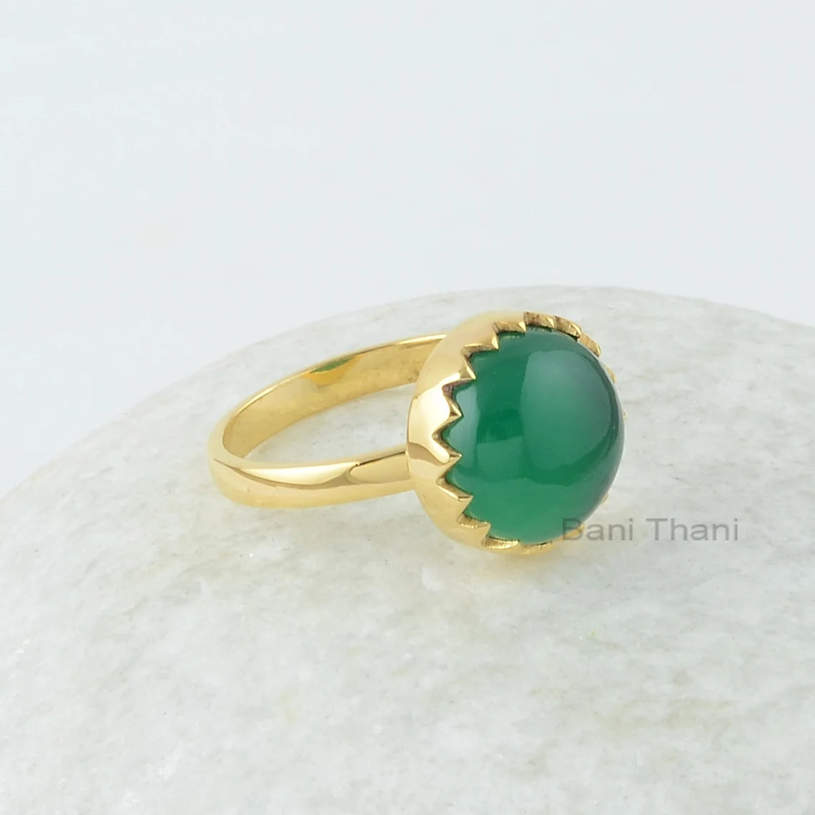 Green Onyx Round Gemstone Silver Ring - 925 Silver Gold Plated Ring - Zig Zag Bezel Ring - Gemstone Jewelry for Women - Christmas Gift Ring