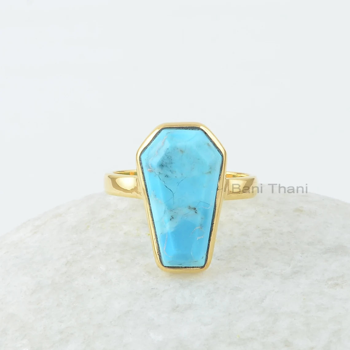 Coffin Ring, Arizona Turquoise 10x17mm Coffin Shape Gemstone Ring-Sterling Silver Bezel Ring-Gold Plated Handmade Ring For Men-Minimal Ring