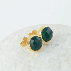 Onyx Stud Earrings, Green Onyx 10 mm Round Shape Gemstone Earrings, 18k Gold Plated, 925 Sterling Silver, Bezel Set Stud Earrings For Women