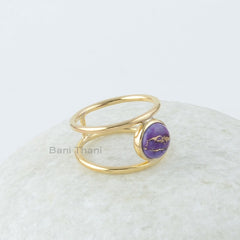 Copper Turquoise Ring, Copper Purple Turquoise 8mm Round Gemstone Ring, 18k Gold Plated Ring, Gemstone Rings, Purple Turquoise Ring