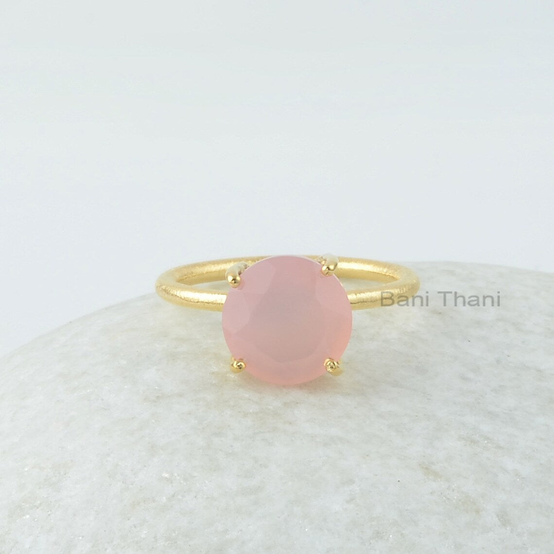 Pink Chalcedony Ring - 10mm Round Gemstone Ring - Prong Set Ring - Gold Plated Ring - 925 Sterling Silver - Ring for Women - Gift for Her