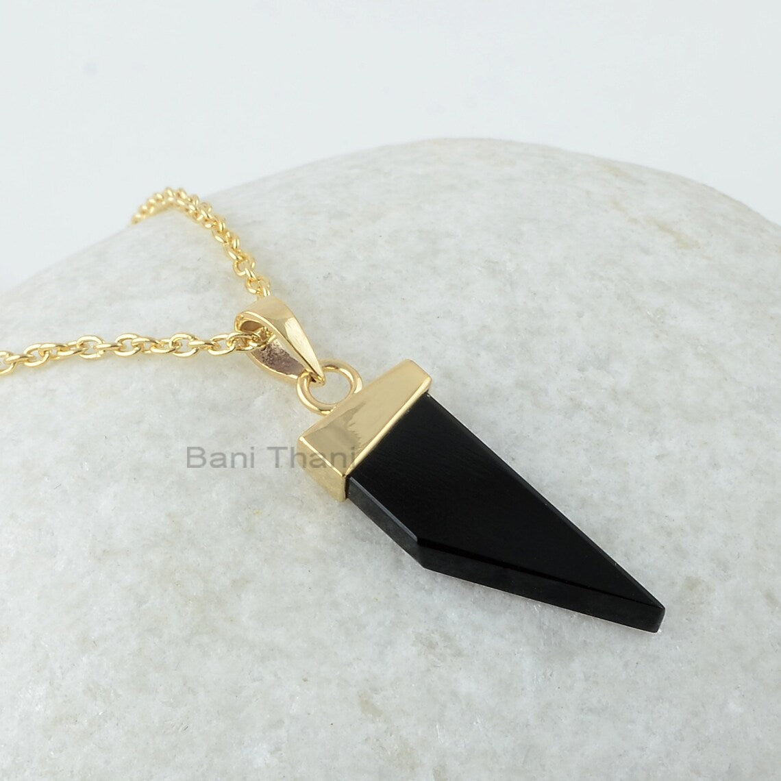 Onyx Pendant Necklace, Black Onyx 10x28 mm Fancy Shape, 18k Gold Plated Necklace, 925 Sterling Silver Gemstone Pendant Necklace For Women