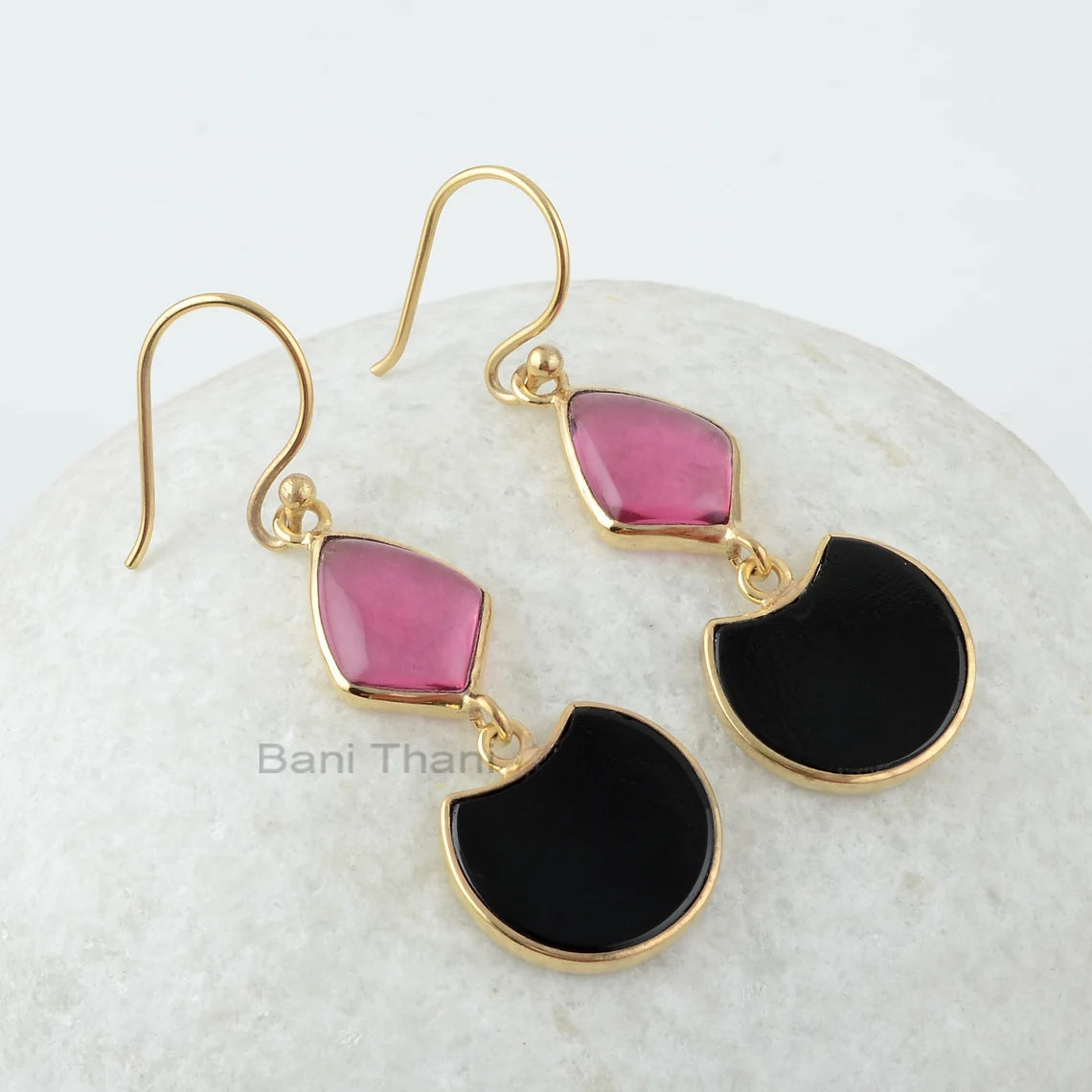 Multi Stone Earrings, Black Onyx 14x18mm Fancy & Pink Tourmaline Quartz 11x15mm Kite Shape Silver Drop Earrings For Women- Gemstone Earrings