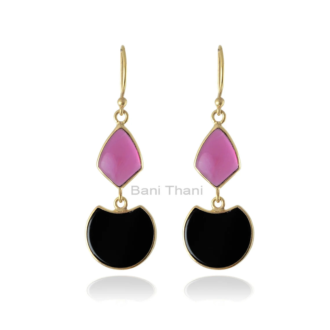 Multi Stone Earrings, Black Onyx 14x18mm Fancy & Pink Tourmaline Quartz 11x15mm Kite Shape Silver Drop Earrings For Women- Gemstone Earrings