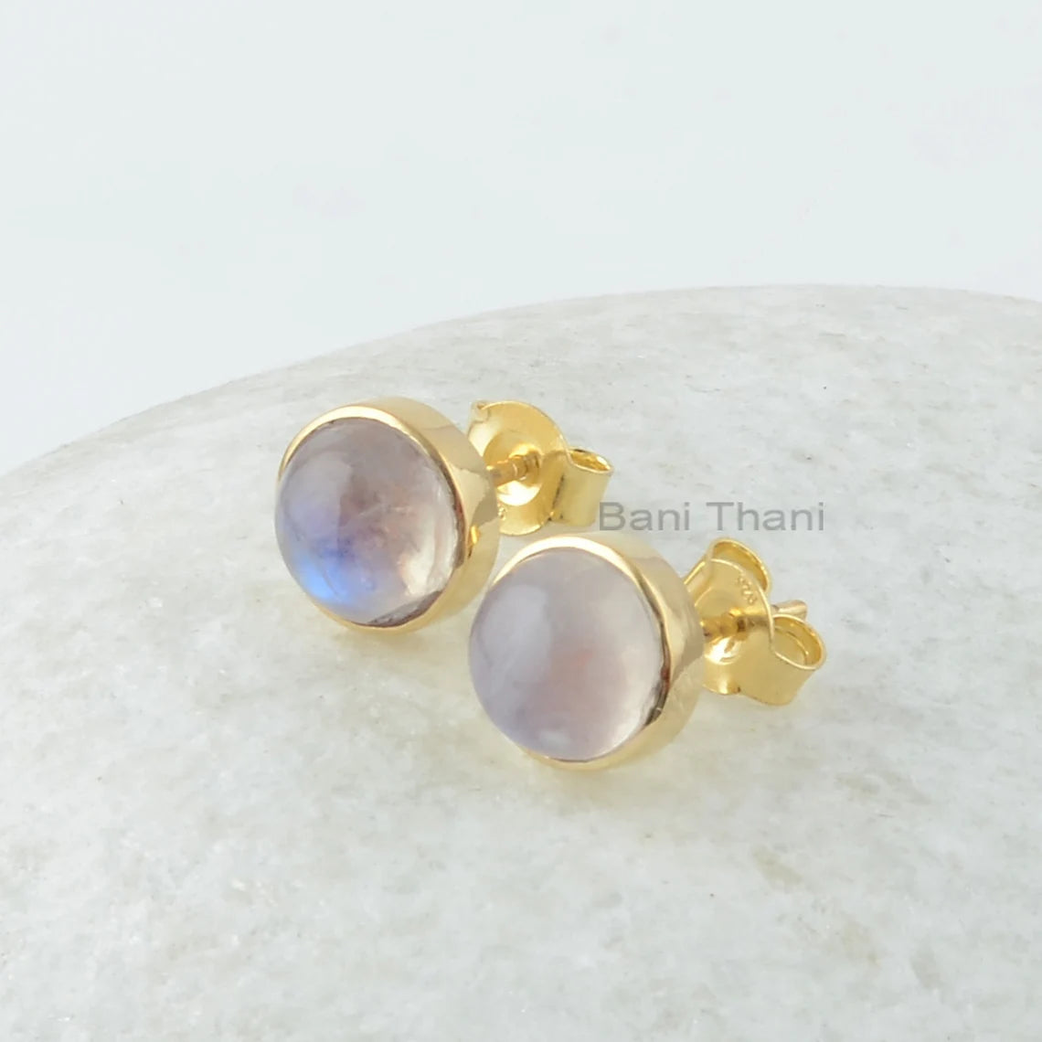 Rainbow Moonstone Stud Earrings, Rainbow Moonstone 8 mm Round Gemstone Earrings, 18k Gold Plated,925 Silver Stud Earrings,Earrings For Women