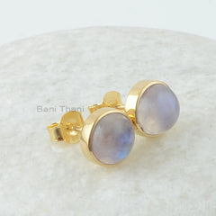 Rainbow Moonstone Stud Earrings, Rainbow Moonstone 8 mm Round Gemstone Earrings, 18k Gold Plated,925 Silver Stud Earrings,Earrings For Women