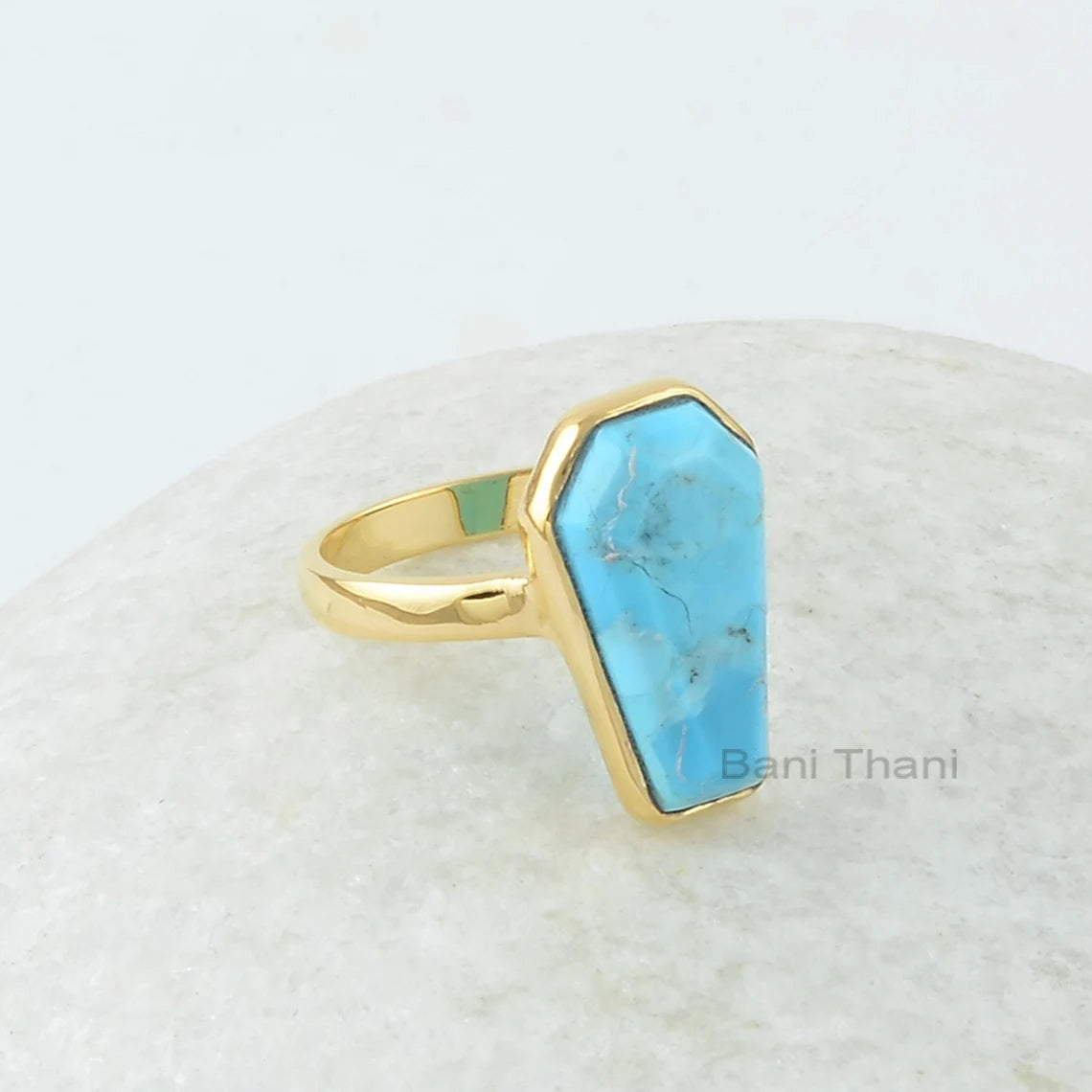 Coffin Ring, Arizona Turquoise 10x17mm Coffin Shape Gemstone Ring-Sterling Silver Bezel Ring-Gold Plated Handmade Ring For Men-Minimal Ring