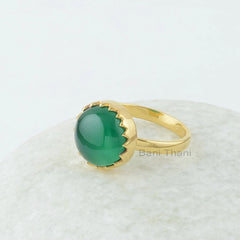 Green Onyx Round Gemstone Silver Ring - 925 Silver Gold Plated Ring - Zig Zag Bezel Ring - Gemstone Jewelry for Women - Christmas Gift Ring