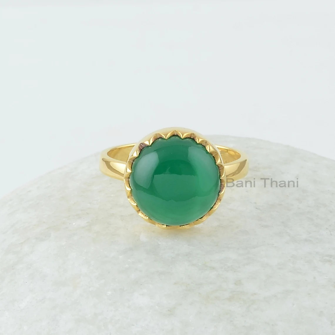 Green Onyx Round Gemstone Silver Ring - 925 Silver Gold Plated Ring - Zig Zag Bezel Ring - Gemstone Jewelry for Women - Christmas Gift Ring