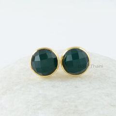 Onyx Stud Earrings, Green Onyx 10 mm Round Shape Gemstone Earrings, 18k Gold Plated, 925 Sterling Silver, Bezel Set Stud Earrings For Women