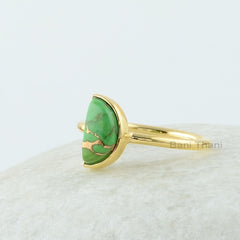 Half Moon Ring, Green Copper Turquoise 5x10mm Half Moon Gemstone Ring, Bezel Ring, 18k Gold Plated Half moon Ring, 925 Silver Turquoise Ring