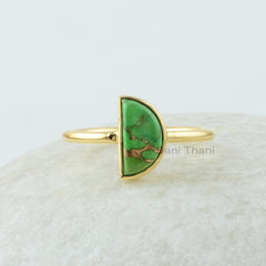 Half Moon Ring, Green Copper Turquoise 5x10mm Half Moon Gemstone Ring, Bezel Ring, 18k Gold Plated Half moon Ring, 925 Silver Turquoise Ring