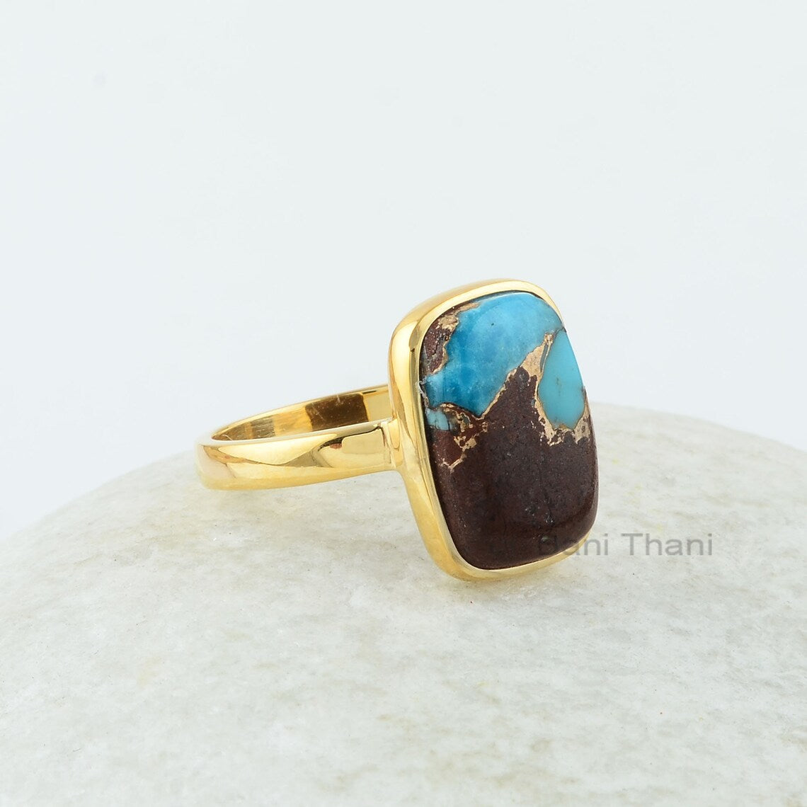 Lava Copper Turquoise Ring - 10x14mm Cushion - Gold Plated - Gemstone Ring - 925 Silver -Artisan Jewelry - Jewelry for Prom -Gift for Friend