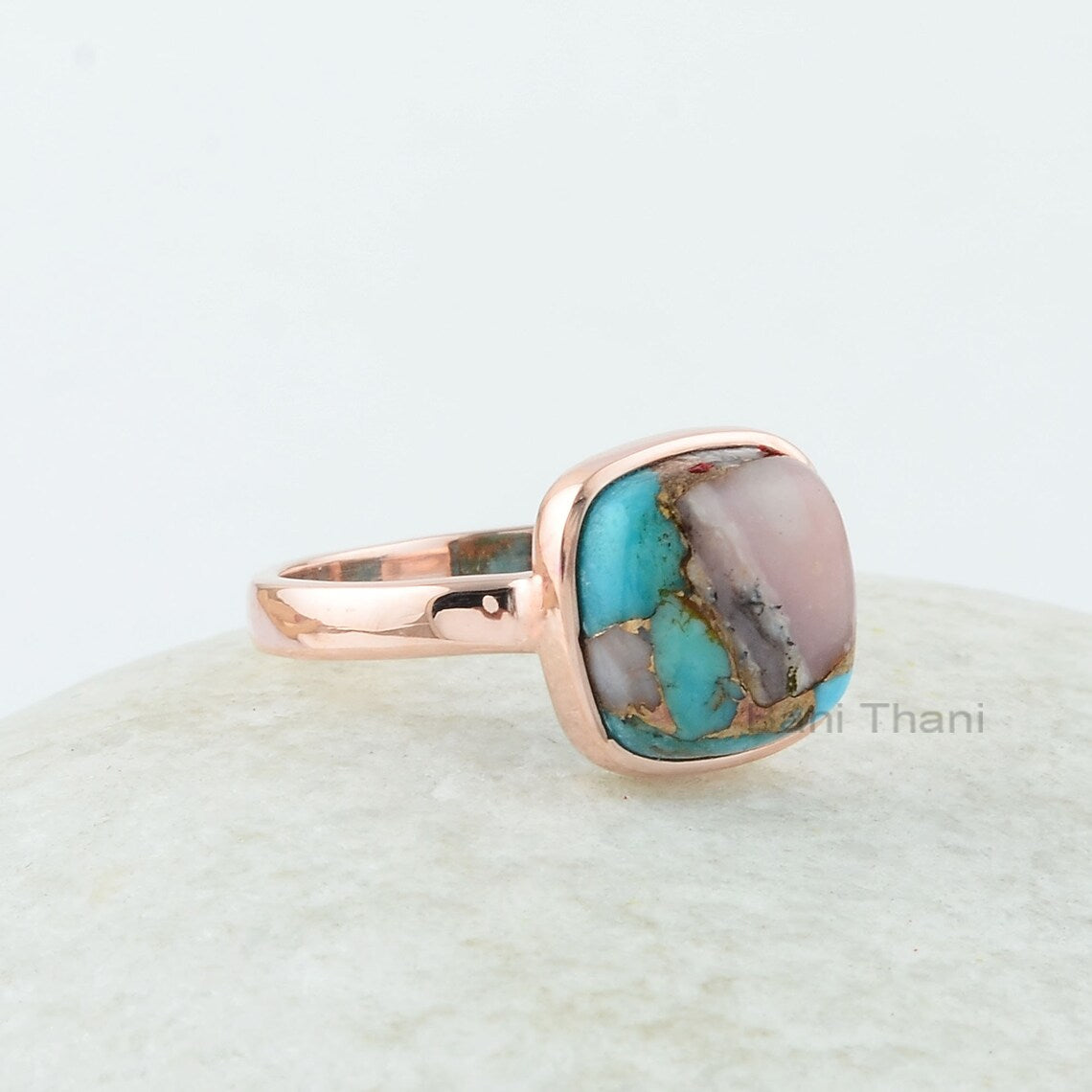 Turquoise Ring - 925 Silver - Pink Opal Copper Turquoise - Cushion Ring - Rose Gold Plated Ring- Sterling Silver Ring, Mojave Turquoise Ring