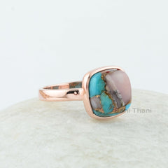 Turquoise Ring - 925 Silver - Pink Opal Copper Turquoise - Cushion Ring - Rose Gold Plated Ring- Sterling Silver Ring, Mojave Turquoise Ring