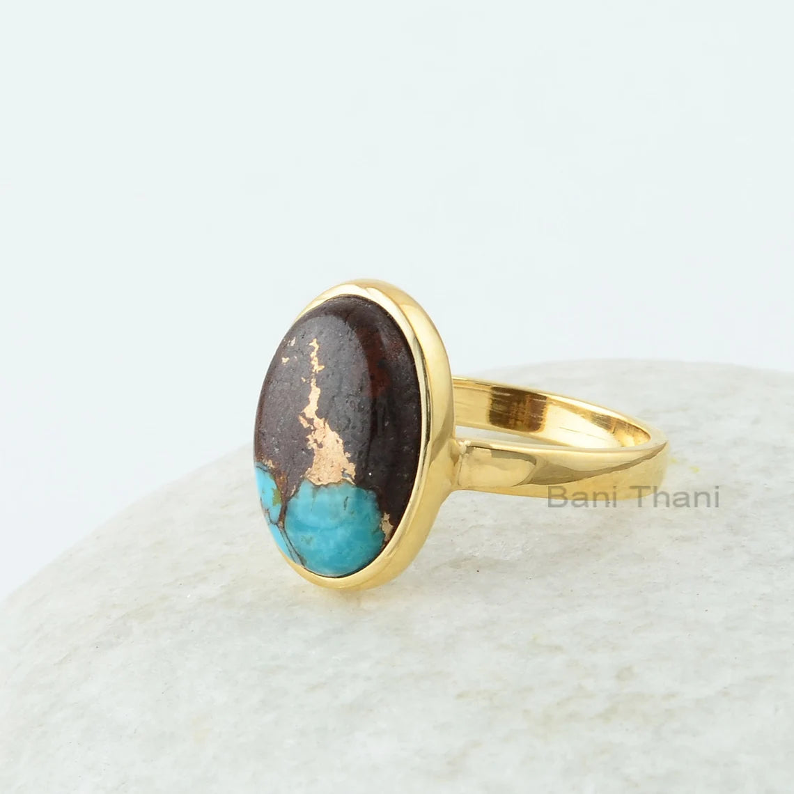 Lava Turquoise Ring, Lava Copper Turquoise 10x14mm Oval Gemstone Ring, 18k Gold Plated Bezel Set Ring, 925 Silver Turquoise Ring For Women