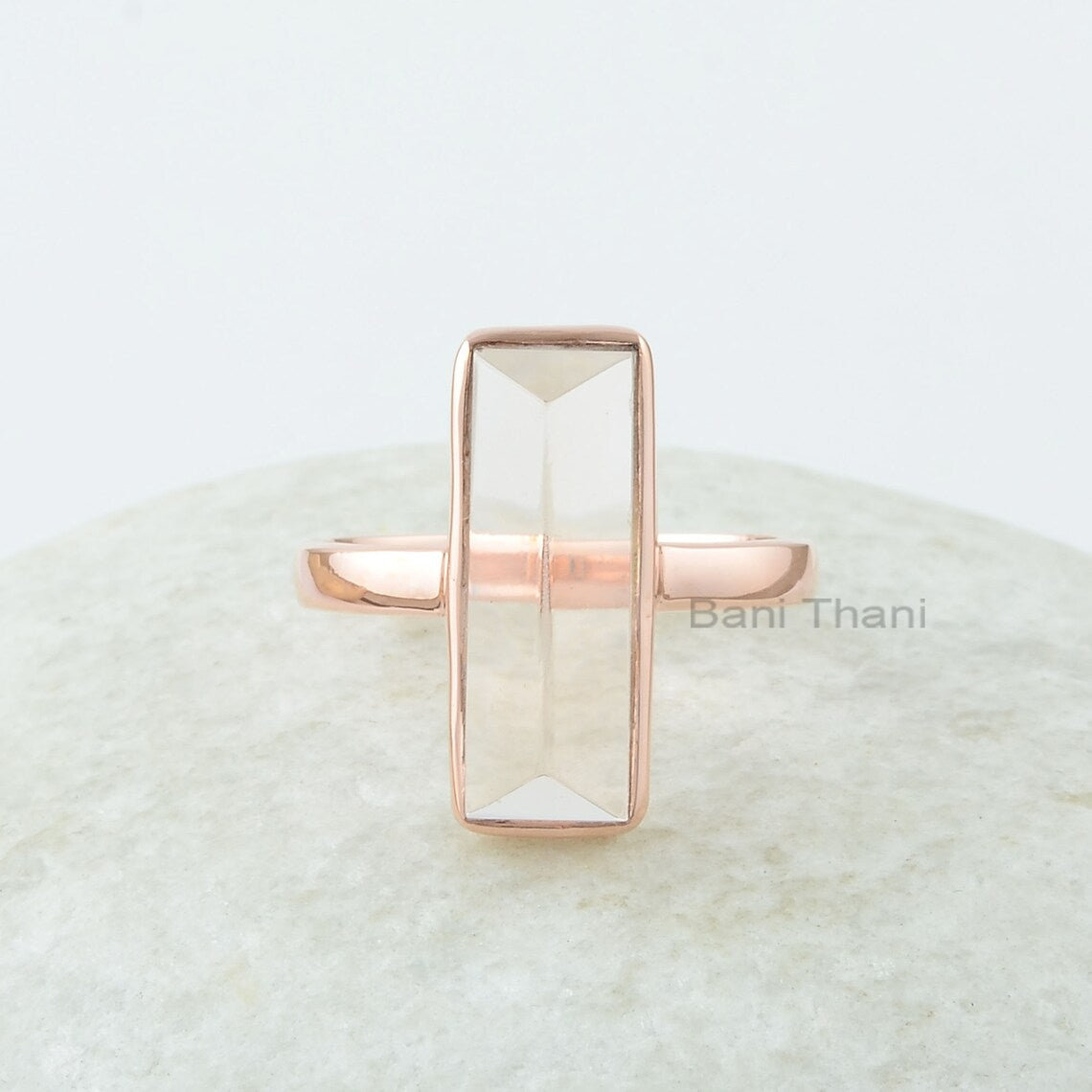 Morganite Rose Gold Ring, Morganite Quartz 6x18mm Rectangle Shape Pyramid Gemstone Ring, Rose Gold Plated Ring, 925 Silver Morganite Ring