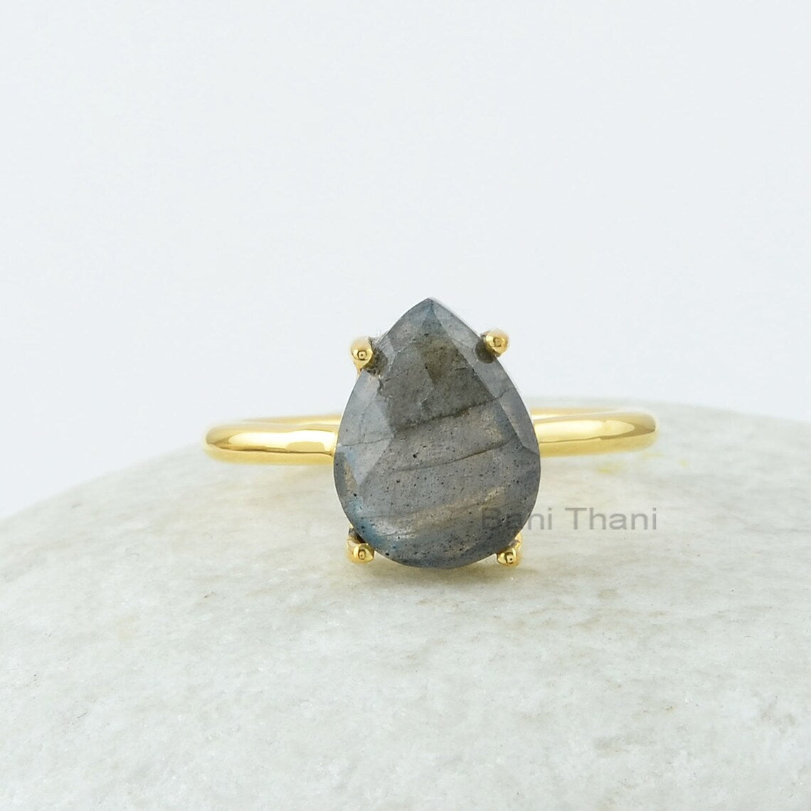 Gift for Mom - Labradorite 9x12mm Pear Shape Gemstone Ring - Gold Plated Ring - 925 Sterling Silver Ring - Prong Set Ring - Gift for Womens