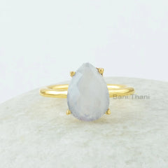 Moonstone Ring, Rainbow Moonstone 9x12mm Pear Shape Gemstone Ring, Prong Set Moonstone Ring, 18k Gold Plated Ring, 925 Silver Moonstone Ring