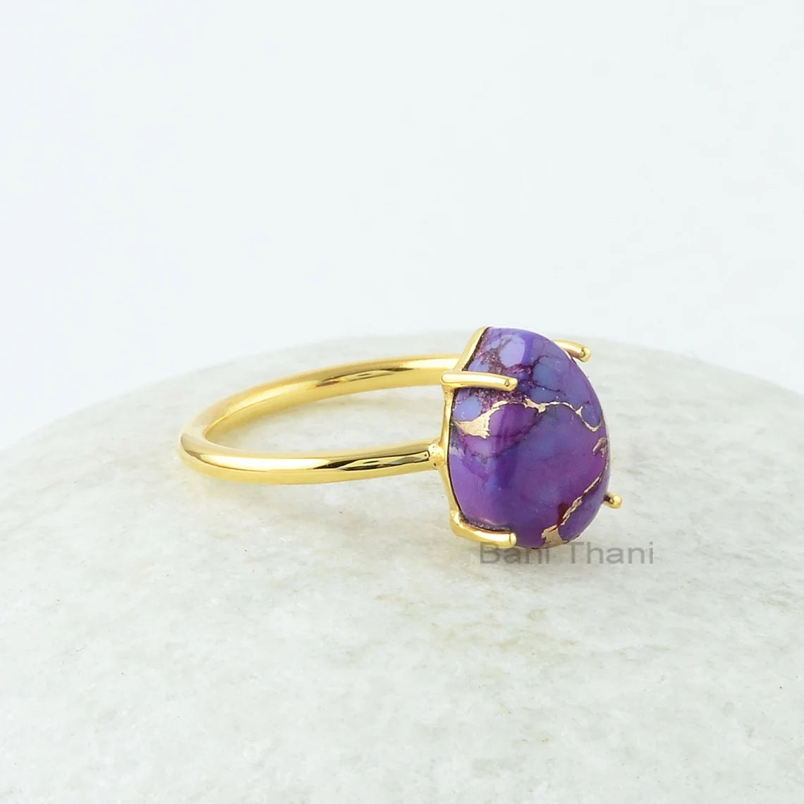 Purple Copper Turquoise Gemstone Ring - 9x12mm Pear Gemstone Ring - Prong Set Ring - 18k Gold Plated Ring - Rings for Women - Gifft for Her