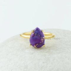 Purple Copper Turquoise Gemstone Ring - 9x12mm Pear Gemstone Ring - Prong Set Ring - 18k Gold Plated Ring - Rings for Women - Gifft for Her