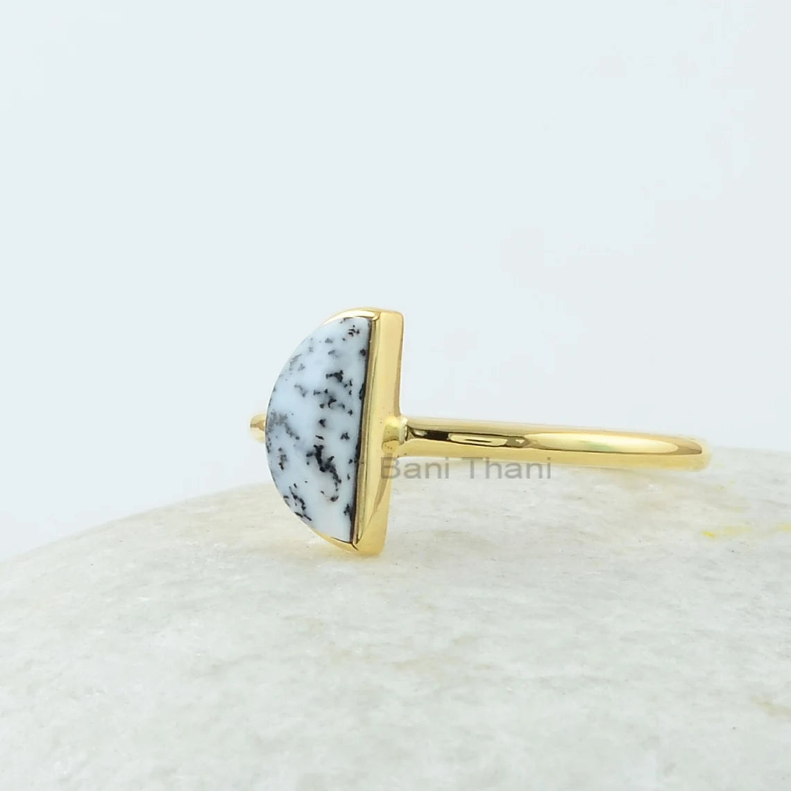 Half Moon Ring, Dendrite Agate 5x10 mm Half Moon Gemstone Ring, 18k Gold Plated Ring, 925 Silver Half Moon Stone Ring, Dendrite Agate Ring
